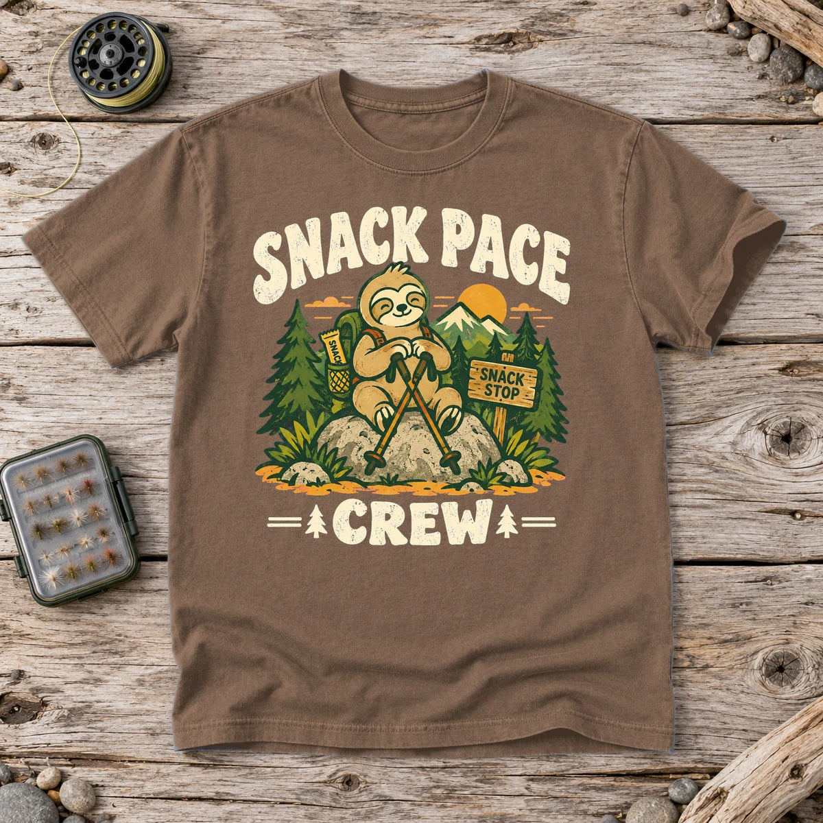 Snack Pace Crew Sloth Graphic Tee on Espresso Premium Tee