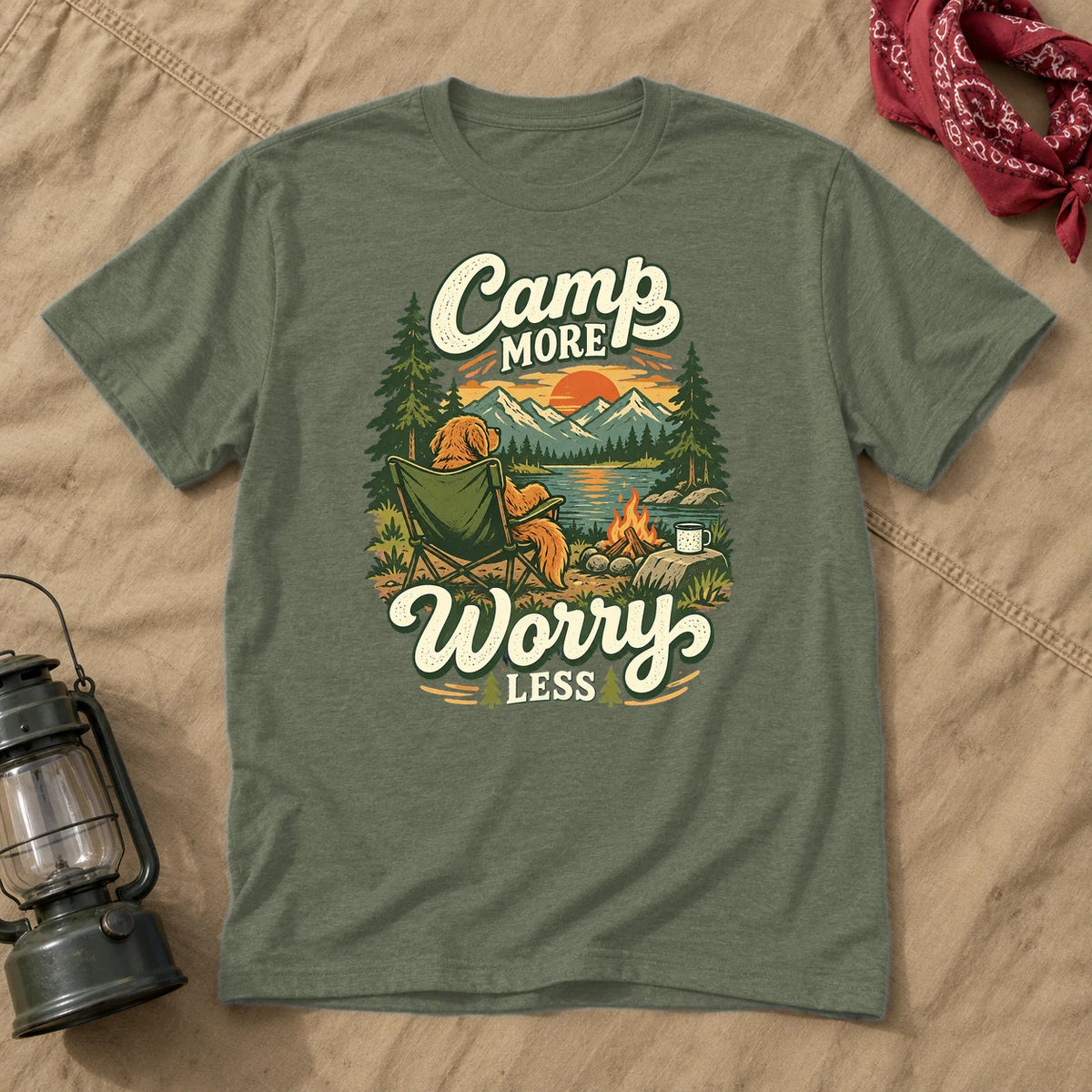 Camp More Worry Less Graphic Tee on Military Green Everyday Soft Tee