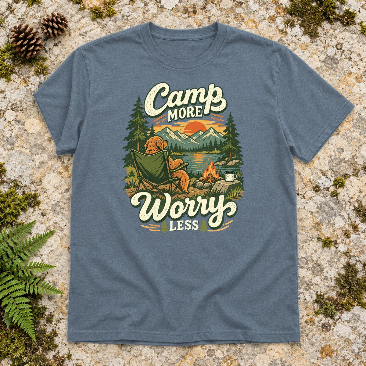 Camp More Worry Less Graphic Tee on Heather Indigo Everyday Soft Tee