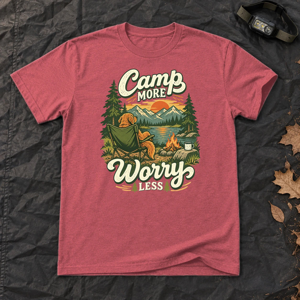 Camp More Worry Less Graphic Tee on Heather Red Everyday Soft Tee