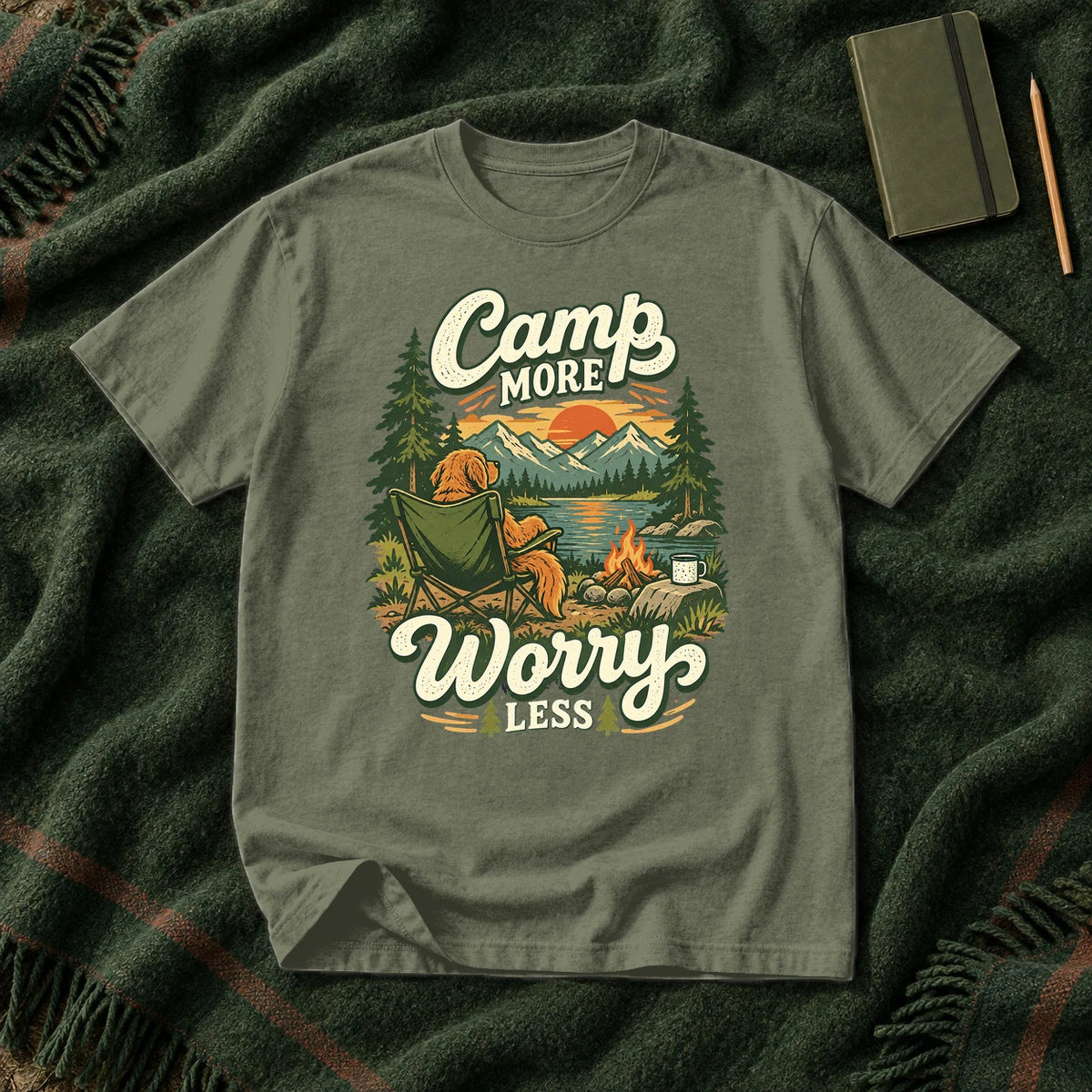 Camp More Worry Less Graphic Tee on Moss Premium Tee