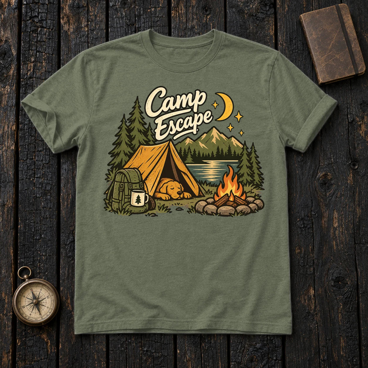 Camp Escape Vintage Camping Graphic Tee on Military Green Everyday Soft Tee