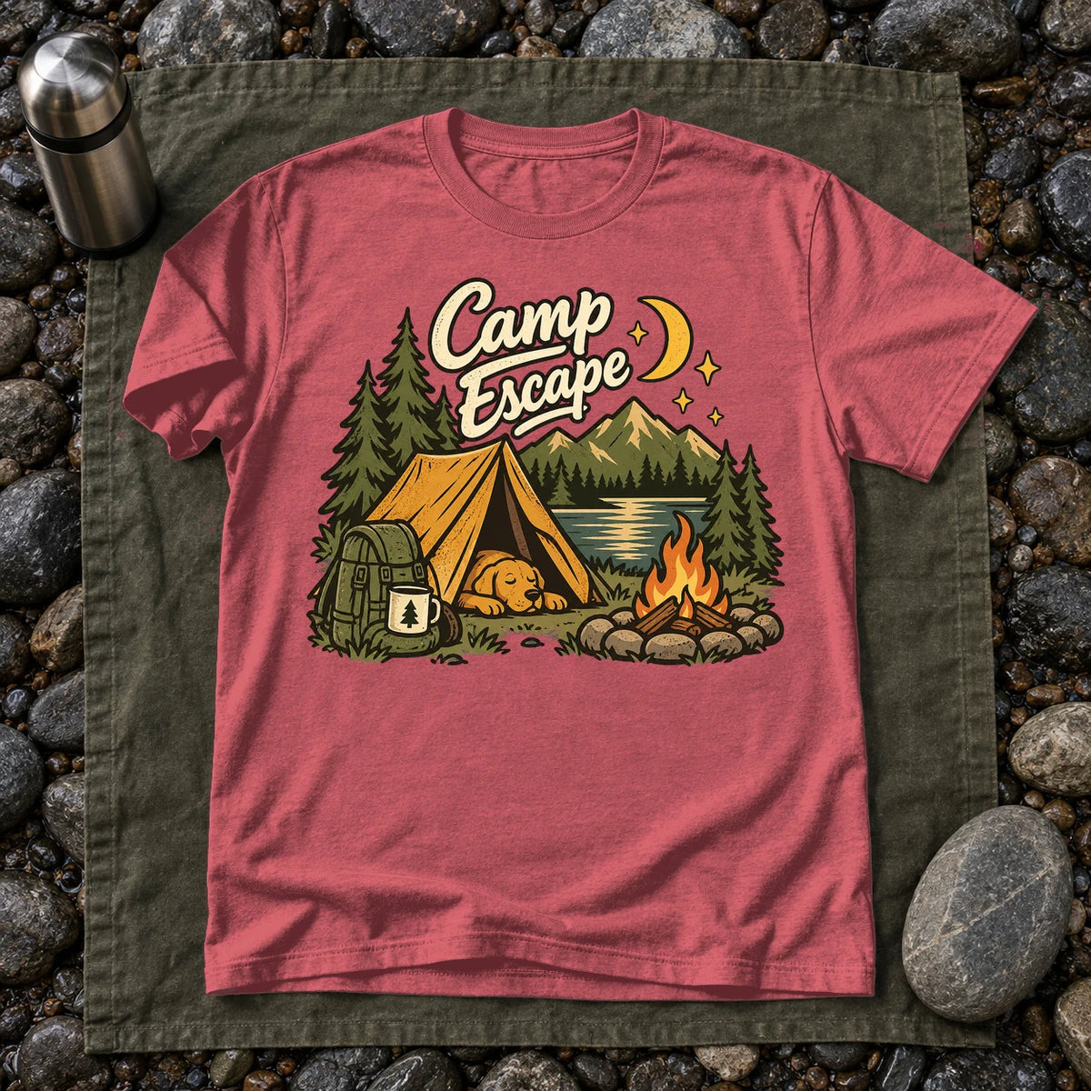 Camp Escape Vintage Camping Graphic Tee on Heather Red Everyday Soft Tee