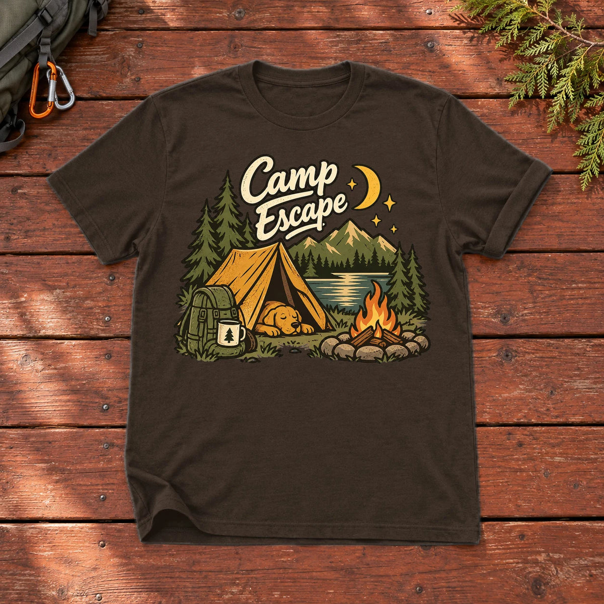 Camp Escape Vintage Camping Graphic Tee on Dark Chocolate Everyday Soft Tee