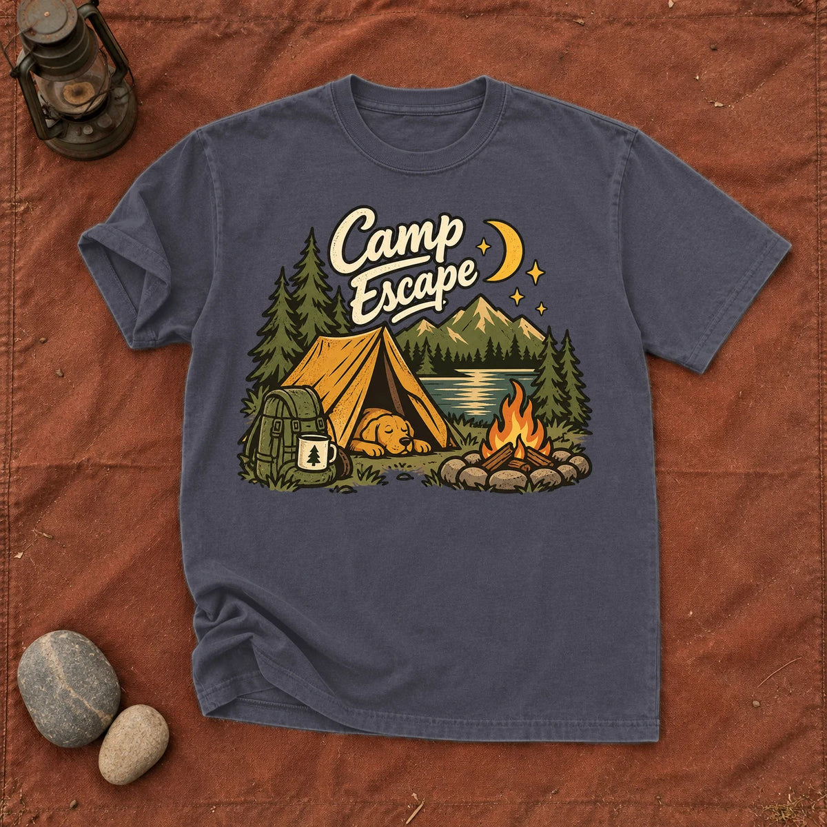 Camp Escape Vintage Camping Graphic Tee on Navy Premium Tee