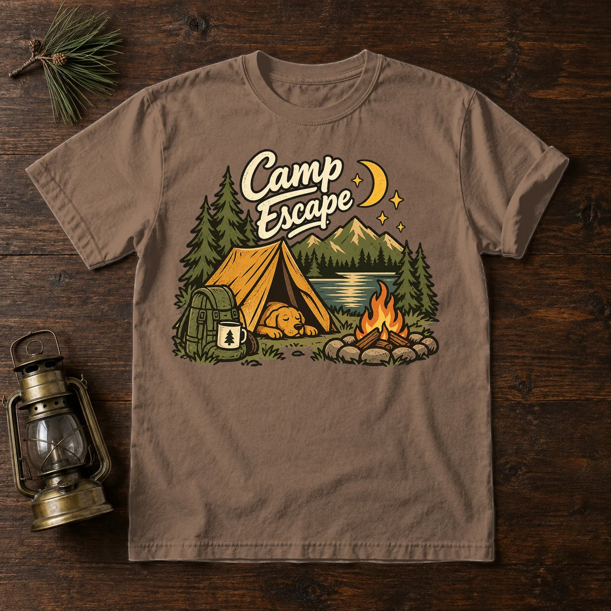 Camp Escape Vintage Camping Graphic Tee on Espresso Premium Tee