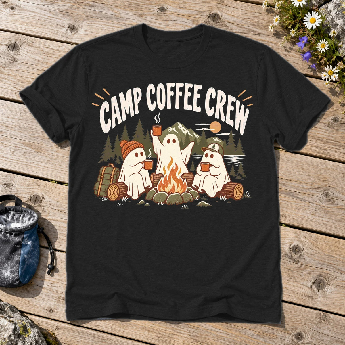Camp Coffee Crew Ghost Graphic Tee on Black Everyday Soft Tee