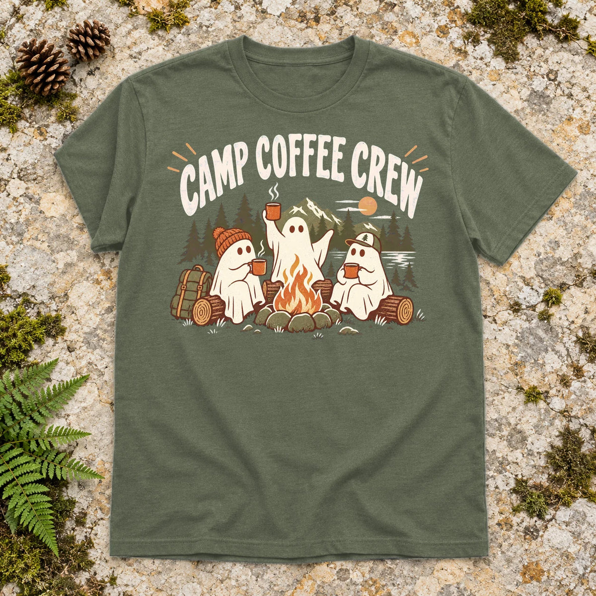 Camp Coffee Crew Ghost Graphic Tee on Military Green Everyday Soft Tee