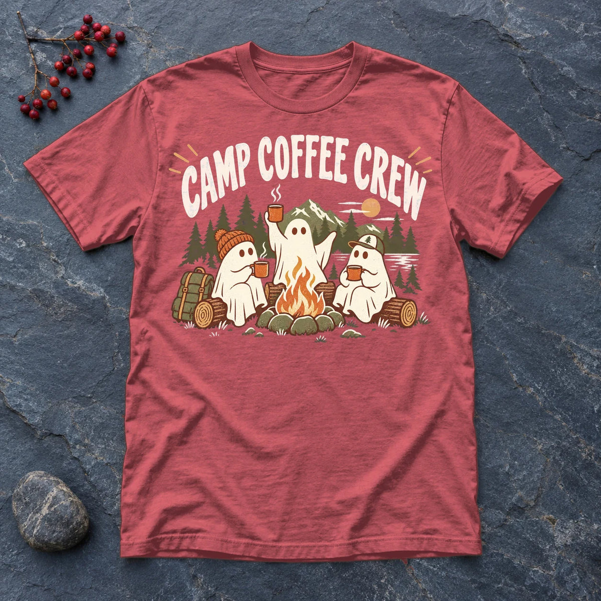Camp Coffee Crew Ghost Graphic Tee on Heather Red Everyday Soft Tee