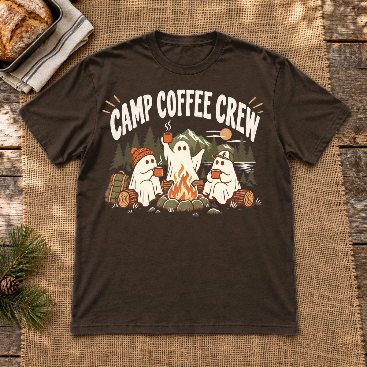 Camp Coffee Crew Ghost Graphic Tee on Dark Chocolate Everyday Soft Tee