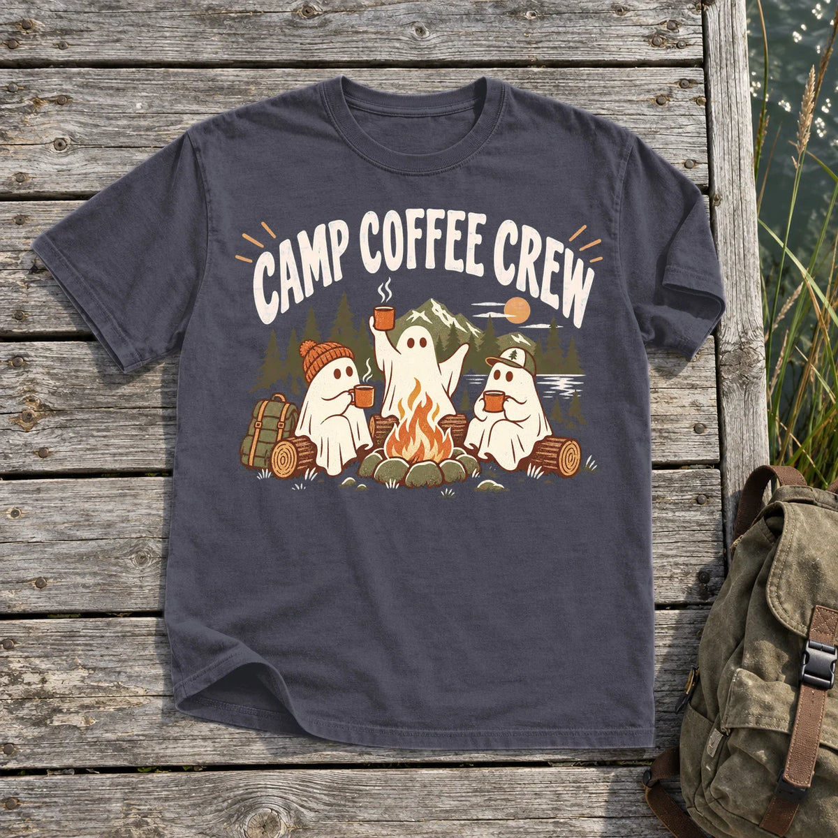 Camp Coffee Crew Ghost Graphic Tee on Navy Premium Tee