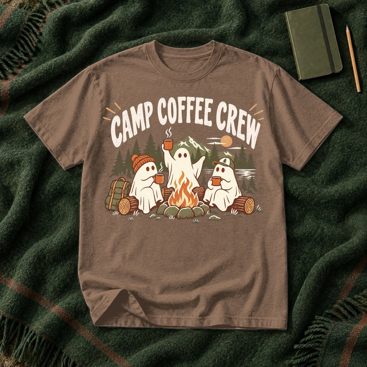 Camp Coffee Crew Ghost Graphic Tee on Espresso Premium Tee