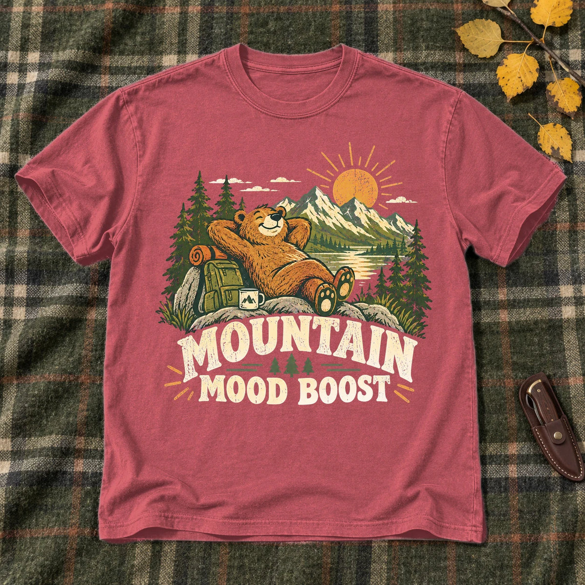 Mountain Mood Boost Bear Graphic Tee on Heather Red Everyday Soft Tee