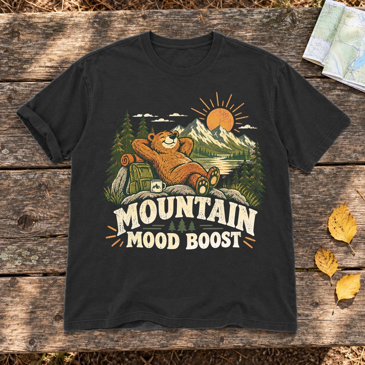 Mountain Mood Boost Bear Graphic Tee on Black Premium Tee