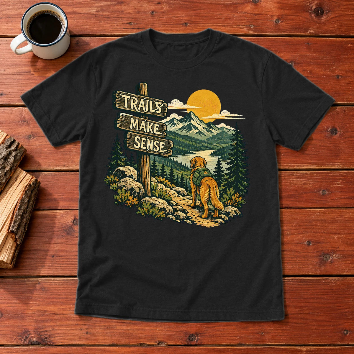 Trails Make Sense Hiking Dog Graphic Tee on Black Everyday Soft Tee