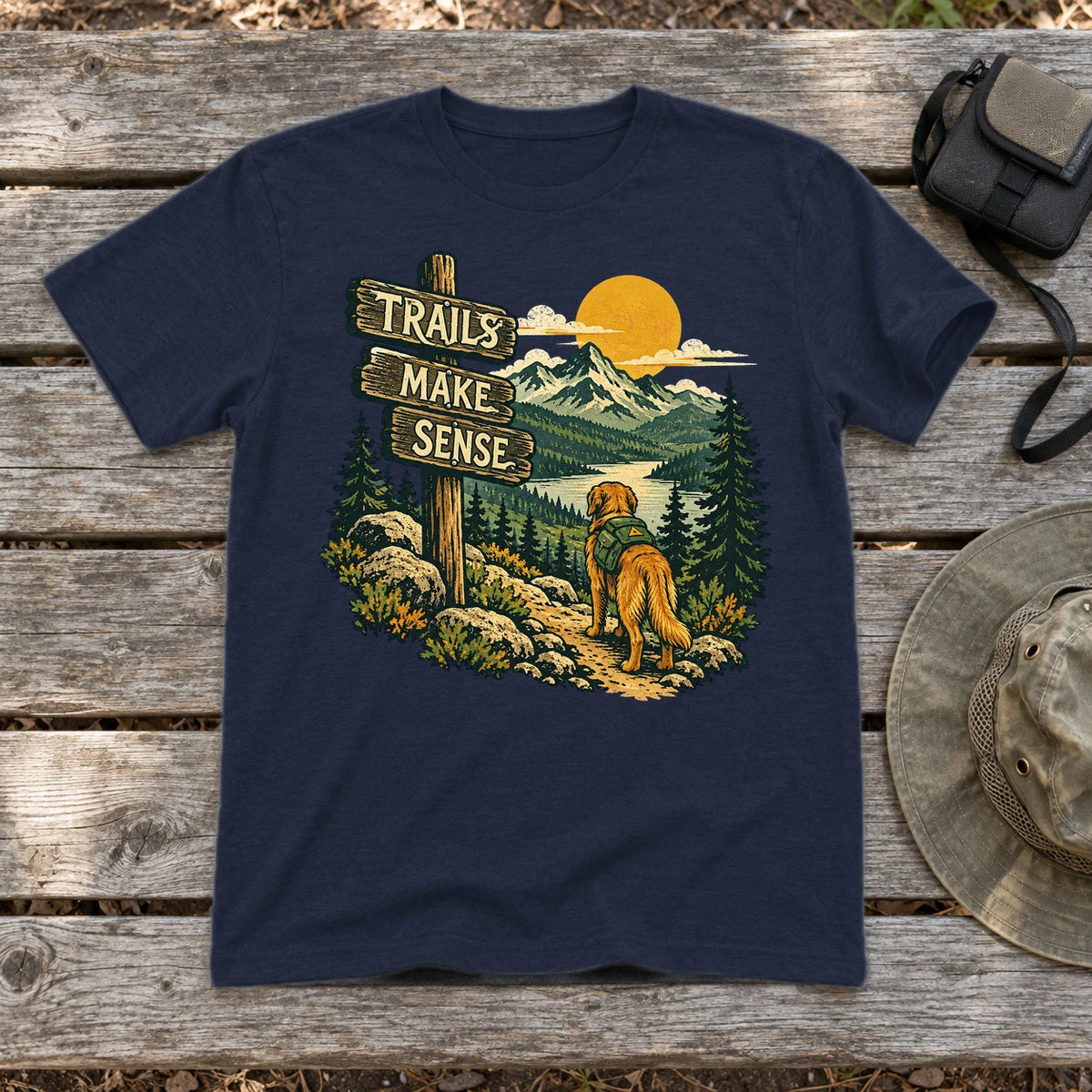 Trails Make Sense Hiking Dog Graphic Tee on Navy Everyday Soft Tee