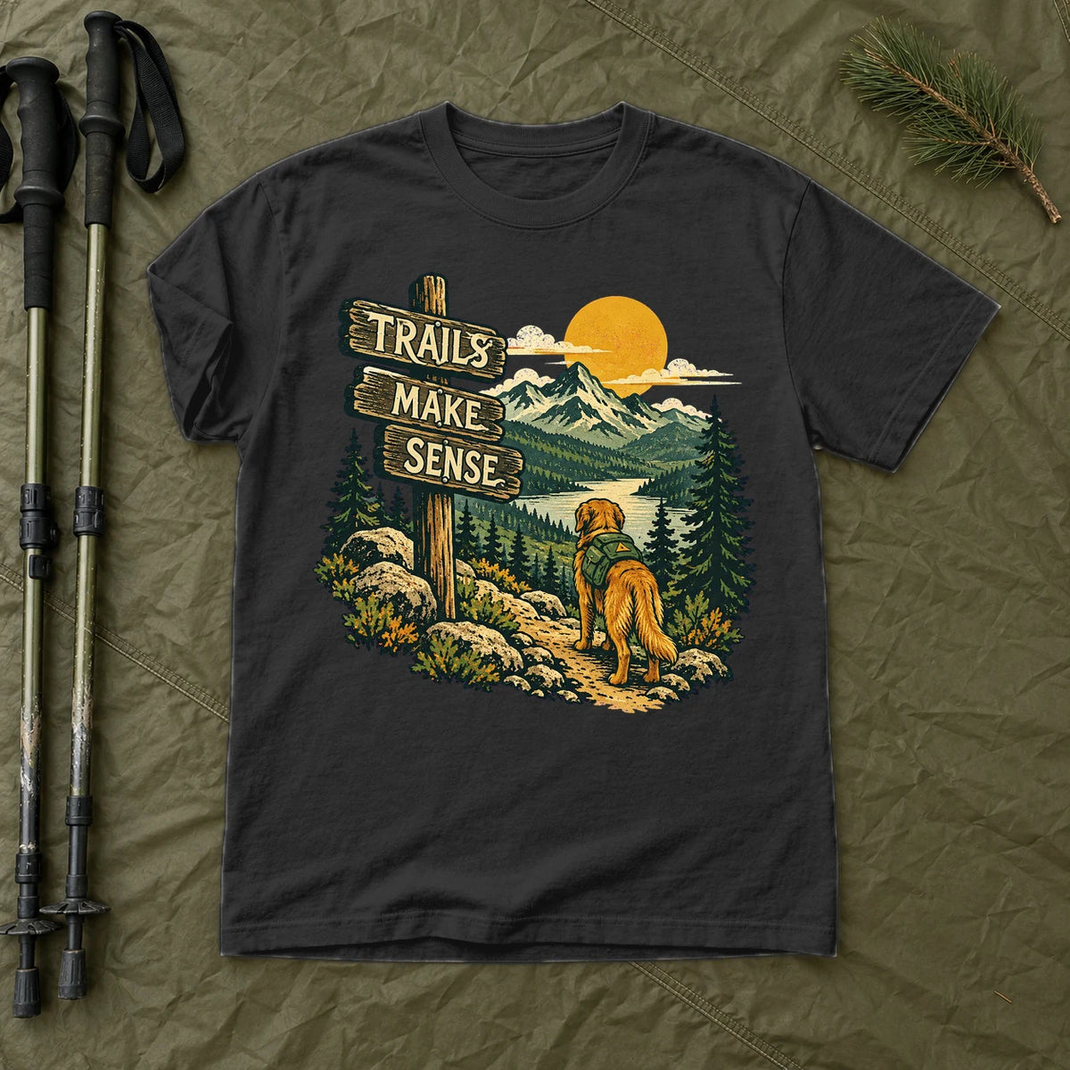 Trails Make Sense Hiking Dog Graphic Tee on Black Premium Tee
