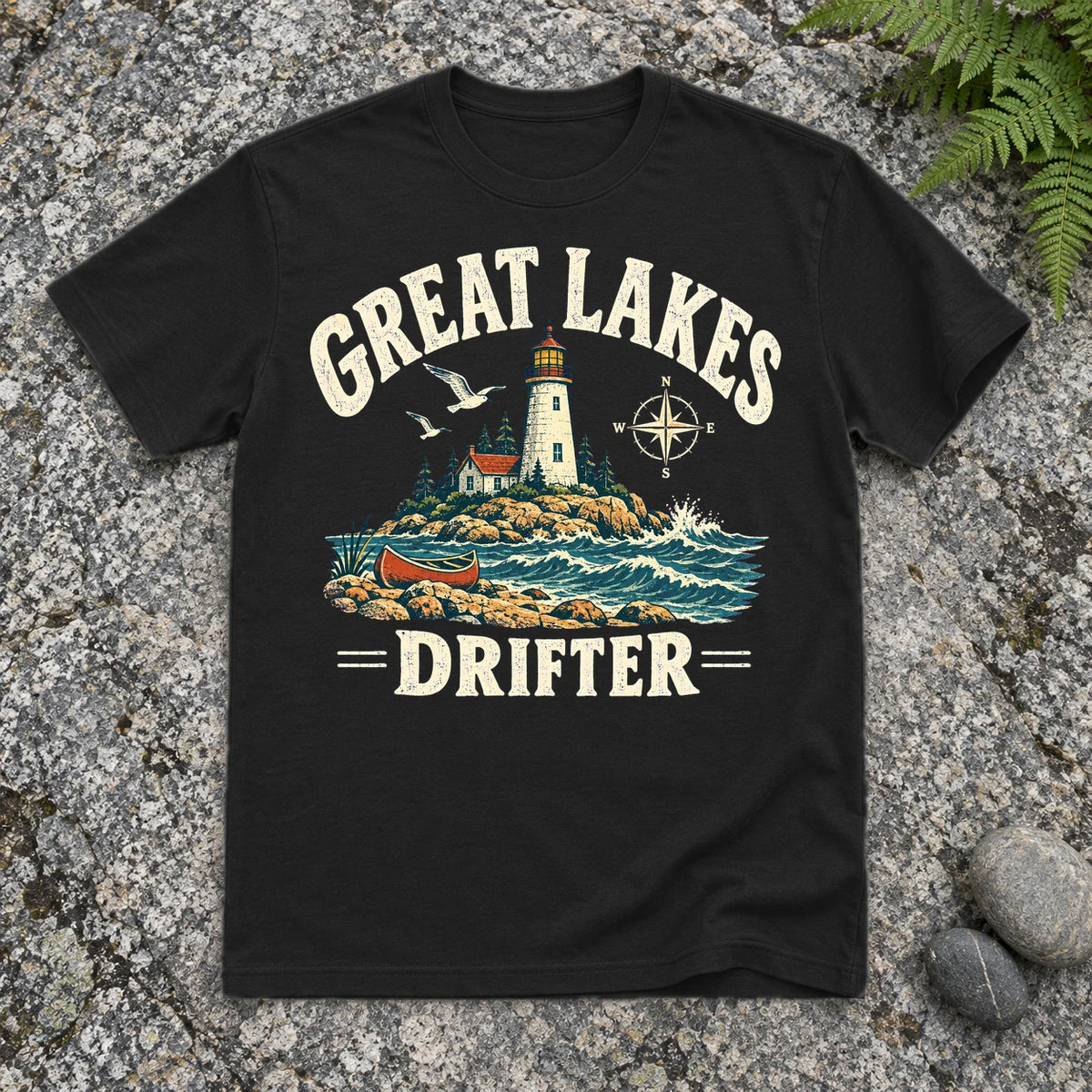 Great Lakes Drifter Lighthouse Graphic Tee on Black Everyday Soft Tee