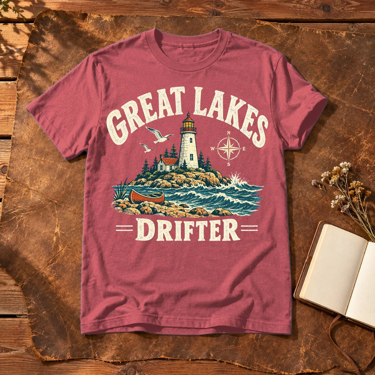 Great Lakes Drifter Lighthouse Graphic Tee on Heather Red Everyday Soft Tee