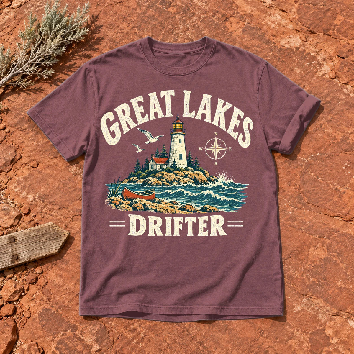 Great Lakes Drifter Lighthouse Graphic Tee on Brick Premium Tee