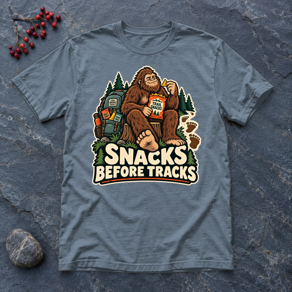 Snacks Before Tracks Bigfoot Graphic Tee on Heather Indigo Everyday Soft Tee