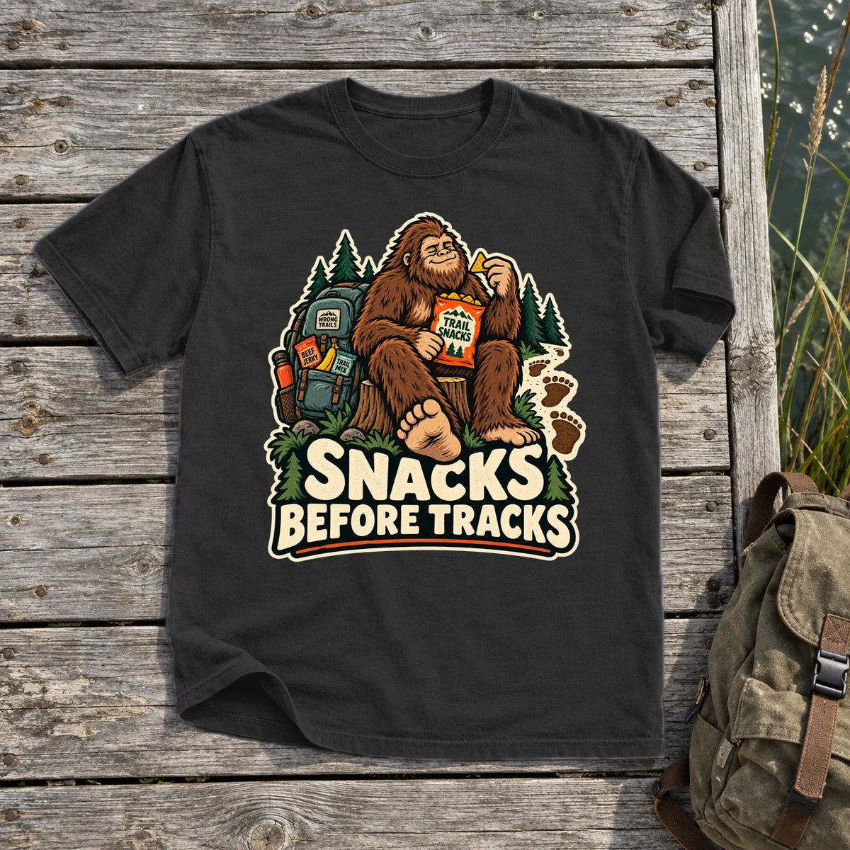 Snacks Before Tracks Bigfoot Graphic Tee on Black Premium Tee