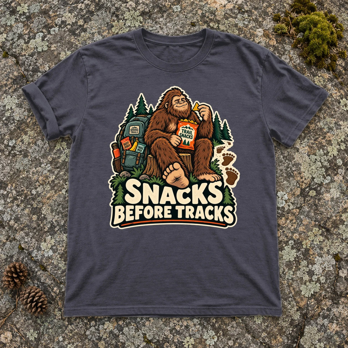 Snacks Before Tracks Bigfoot Graphic Tee on Navy Premium Tee