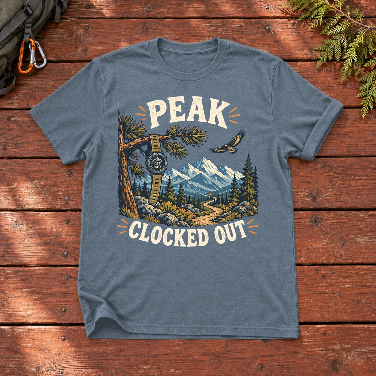 Peak Clocked Out Graphic Tee on Heather Indigo Everyday Soft Tee