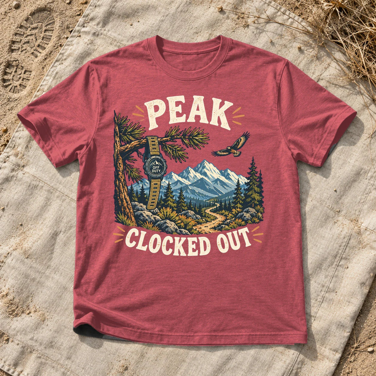 Peak Clocked Out Graphic Tee on Heather Red Everyday Soft Tee