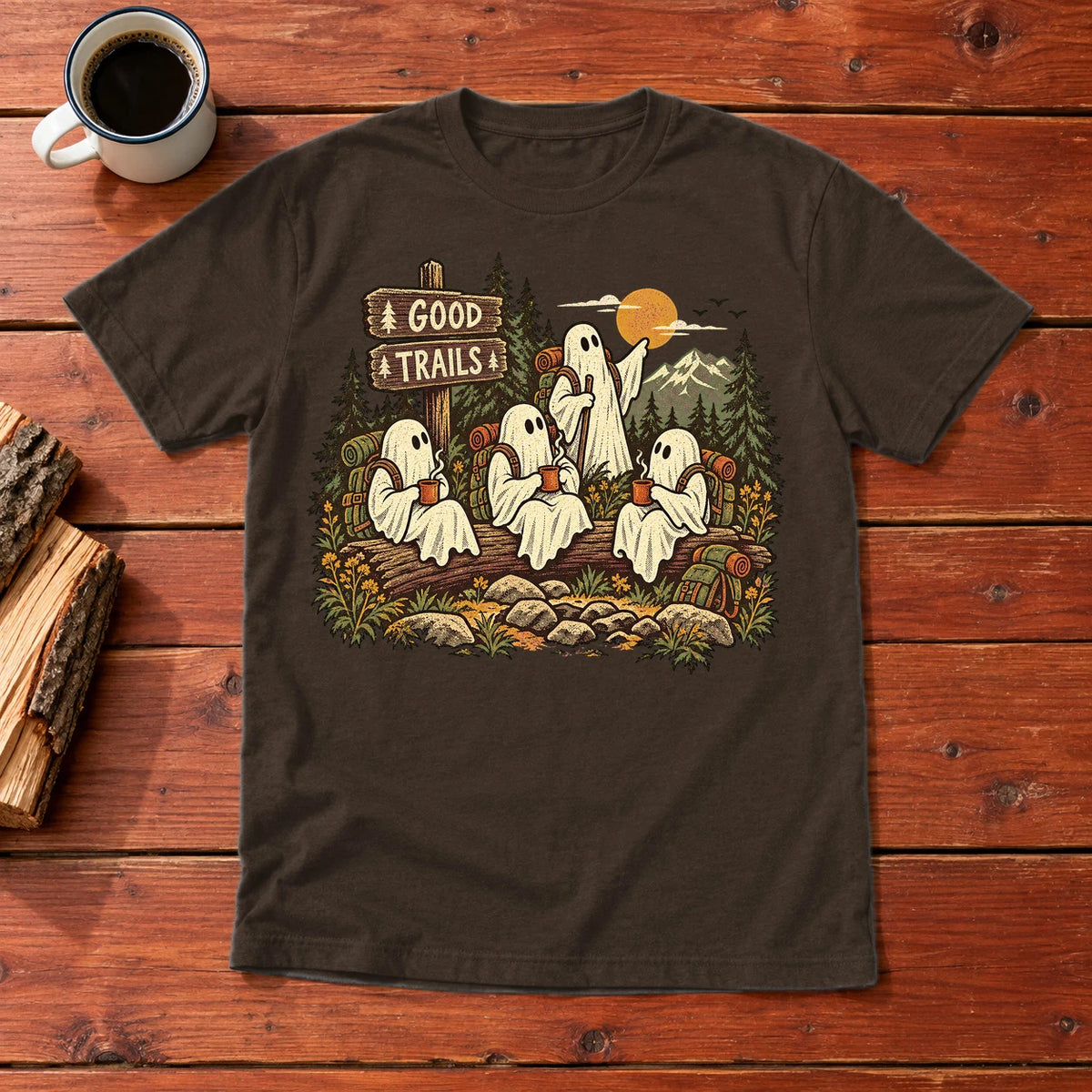 Good Trails Ghost Hikers Graphic Tee on Dark-Chocolate Everyday Soft Tee