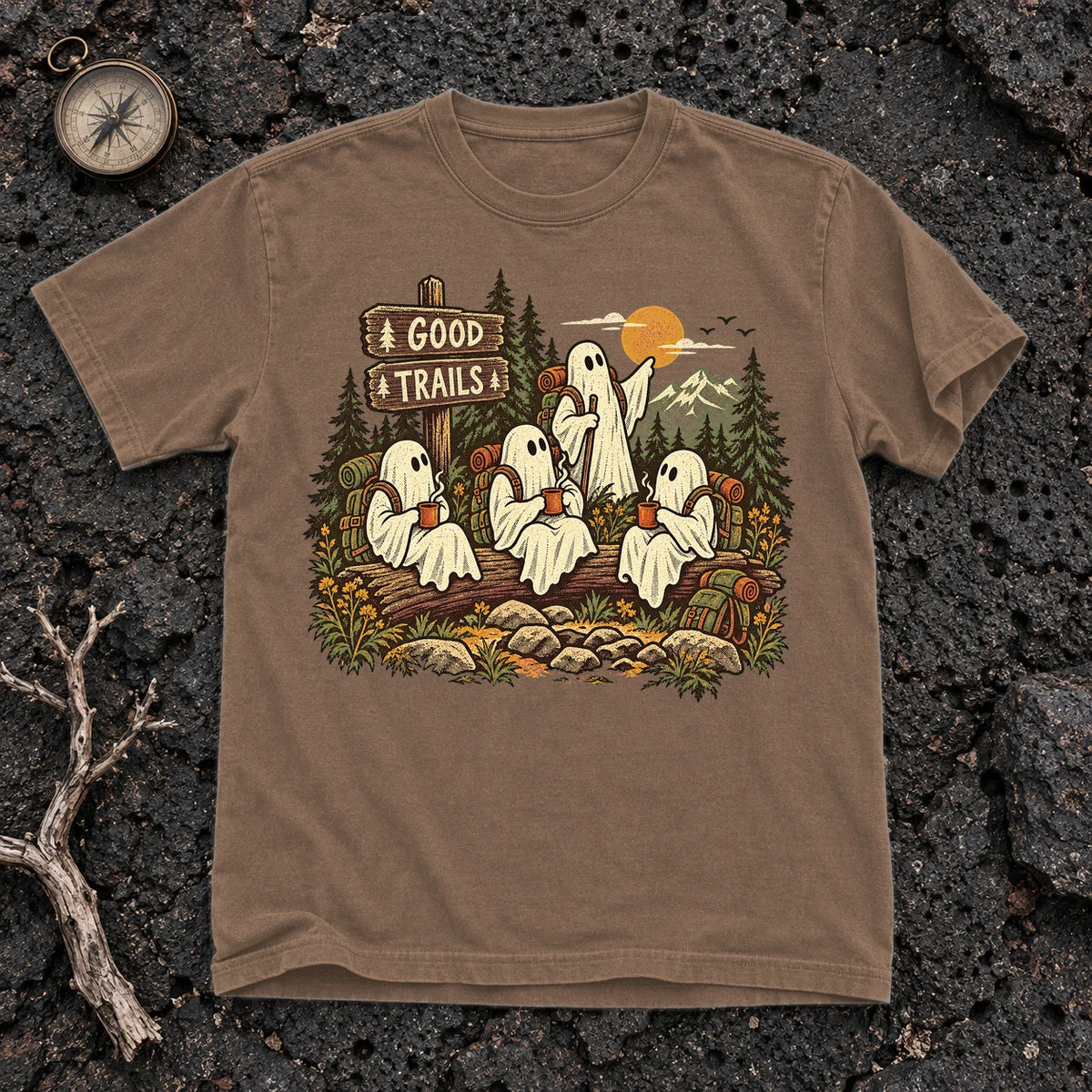 Good Trails Ghost Hikers Graphic Tee on Espresso Premium Tee