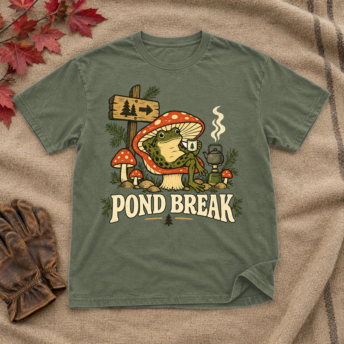 Pond Break Frog Graphic Tee on Military Green Everyday Soft Tee