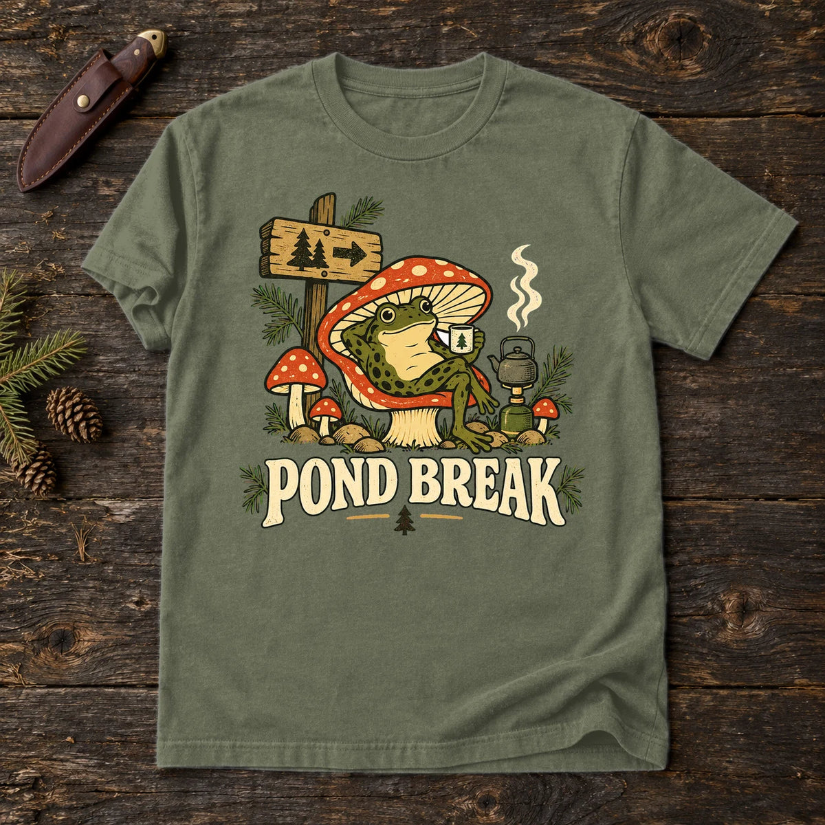 Pond Break Frog Graphic Tee on Moss Premium Tee