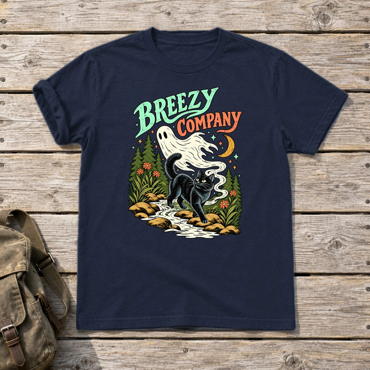 Breezy Company Ghost & Cat Graphic Tee on Navy Everyday Soft Tee
