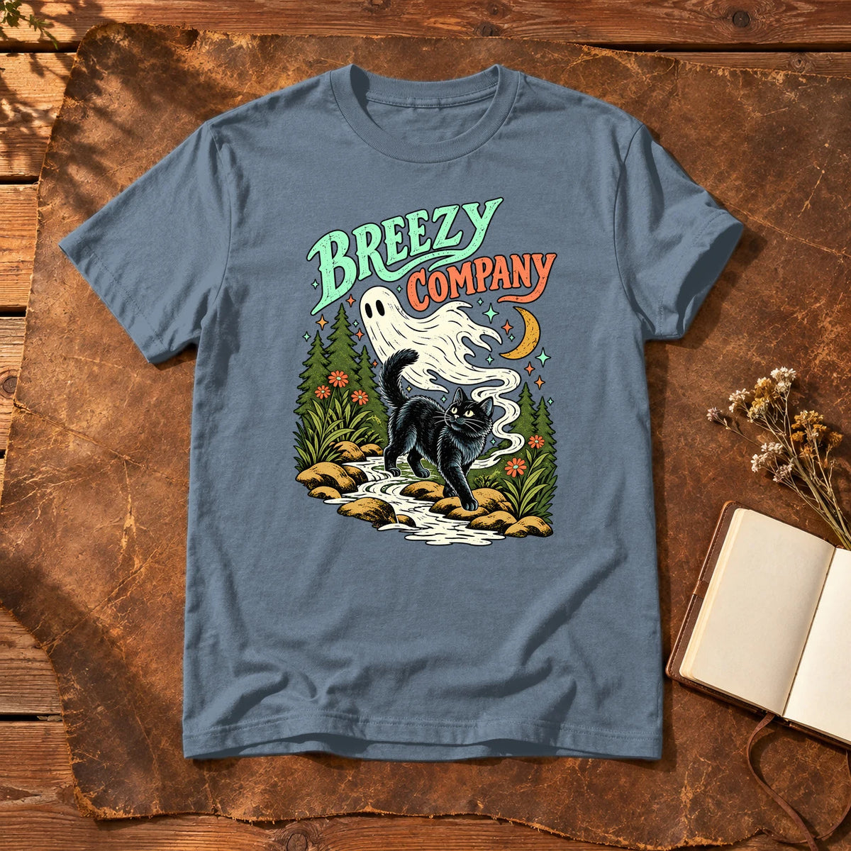 Breezy Company Ghost & Cat Graphic Tee on Heather Indigo Everyday Soft Tee