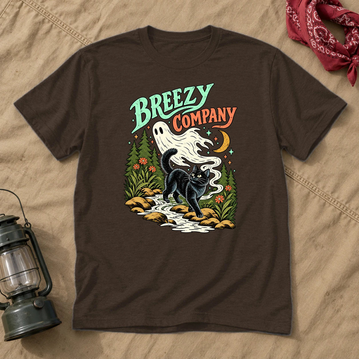 Breezy Company Ghost & Cat Graphic Tee on Dark Chocolate Everyday Soft Tee