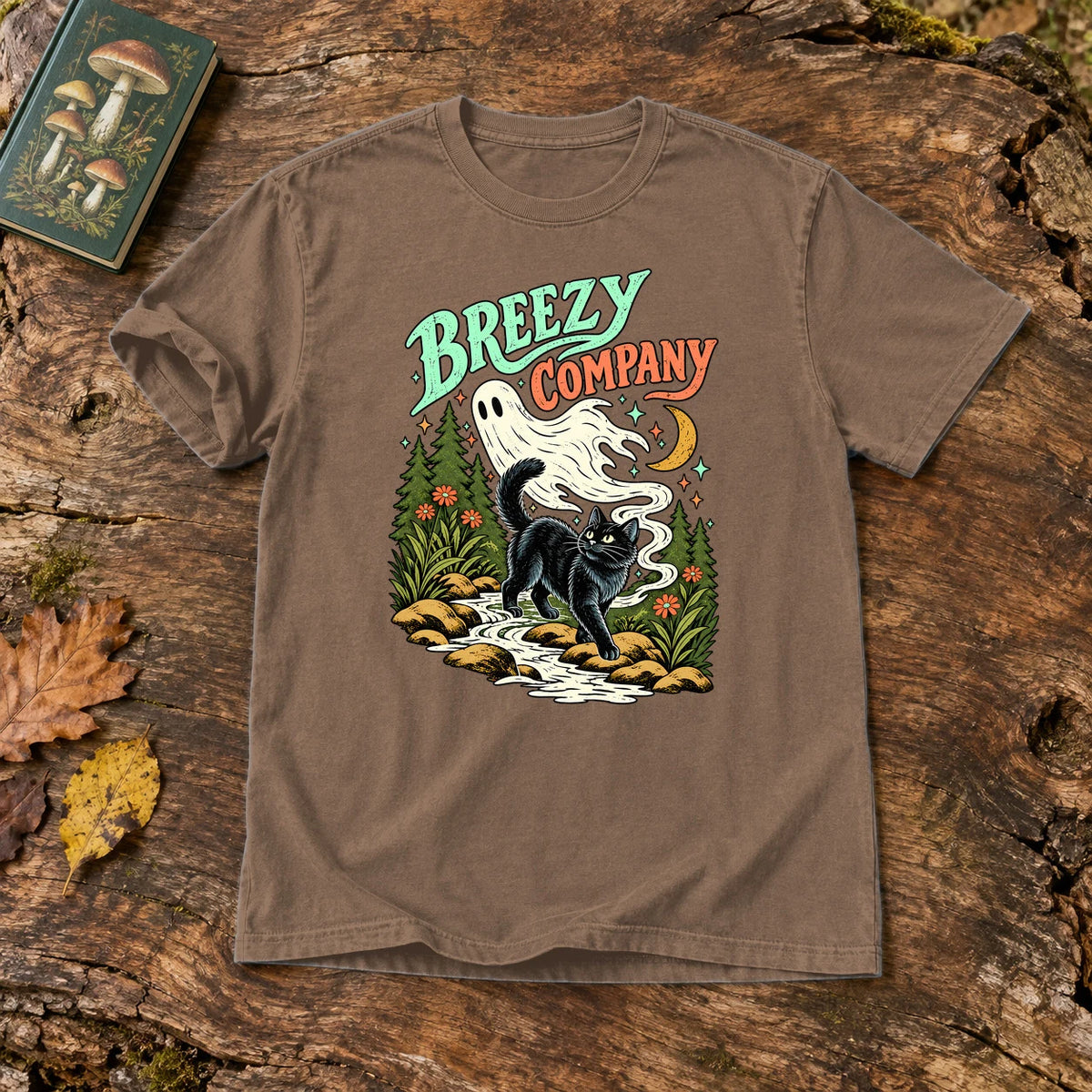 Breezy Company Ghost & Cat Graphic Tee on Espresso Premium Tee