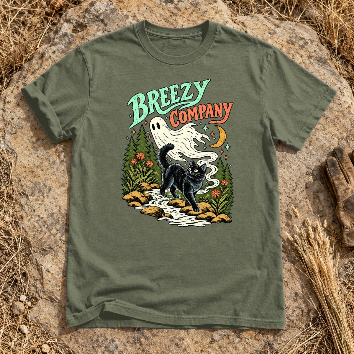 Breezy Company Ghost & Cat Graphic Tee on Moss Premium Tee