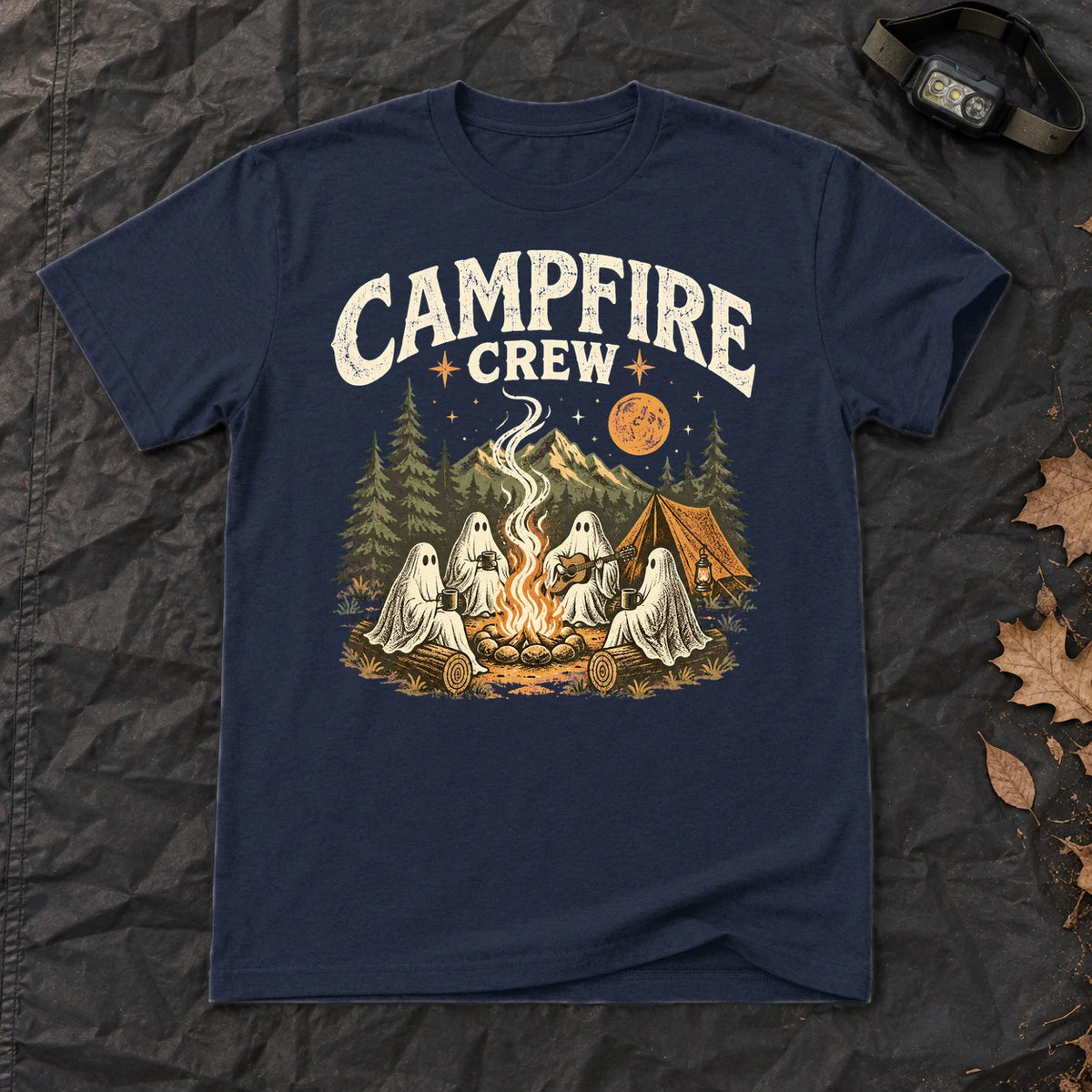 Campfire Crew Retro Ghost Graphic Tee on Navy Everyday Soft Tee