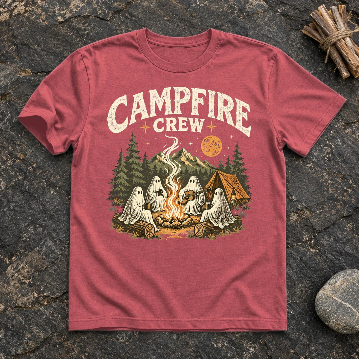 Campfire Crew Retro Ghost Graphic Tee on Heather Red Everyday Soft Tee