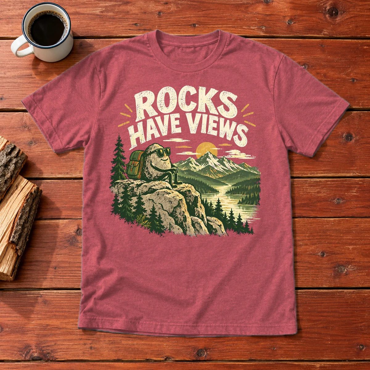 Rocks Have Views Vintage Hiking Graphic Tee on Heather Red Everyday Soft Tee