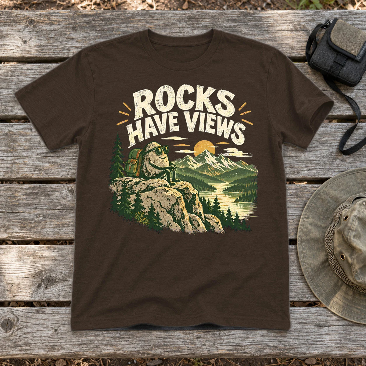 Rocks Have Views Vintage Hiking Graphic Tee on Dark Chocolate Everyday Soft Tee