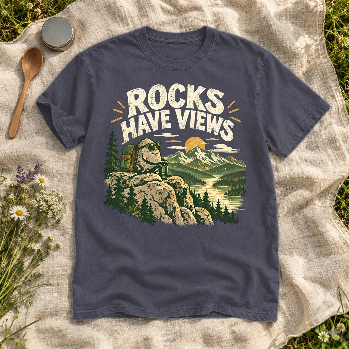 Rocks Have Views Vintage Hiking Graphic Tee on Navy Premium Tee