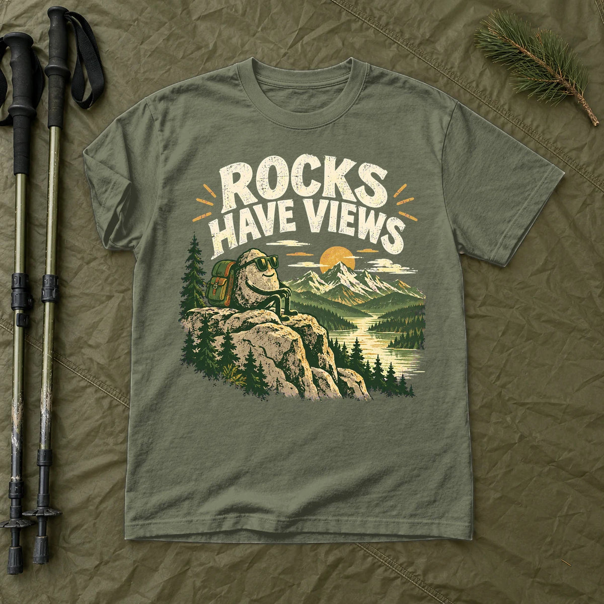 Rocks Have Views Vintage Hiking Graphic Tee on Moss Premium Tee