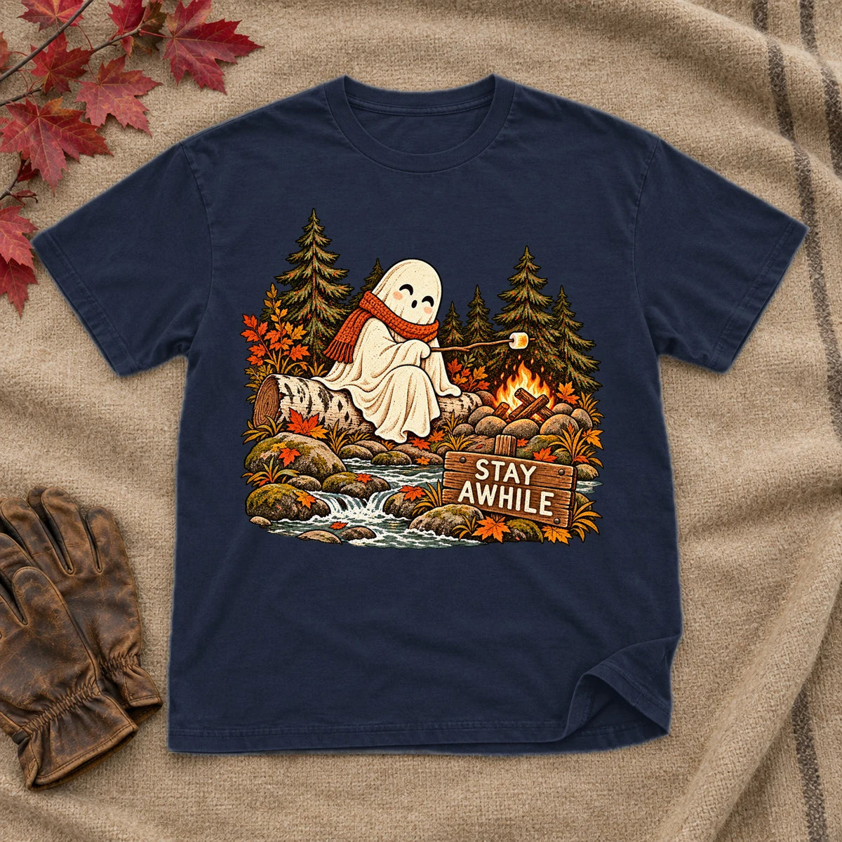 Stay Awhile Campfire Ghost Graphic Tee on Navy Everyday Soft Tee