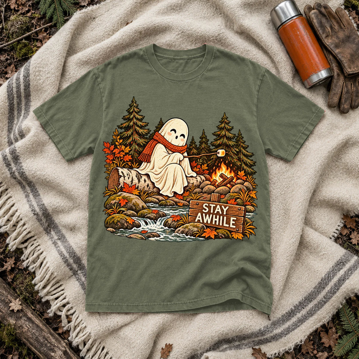 Stay Awhile Campfire Ghost Graphic Tee on Moss Premium Tee