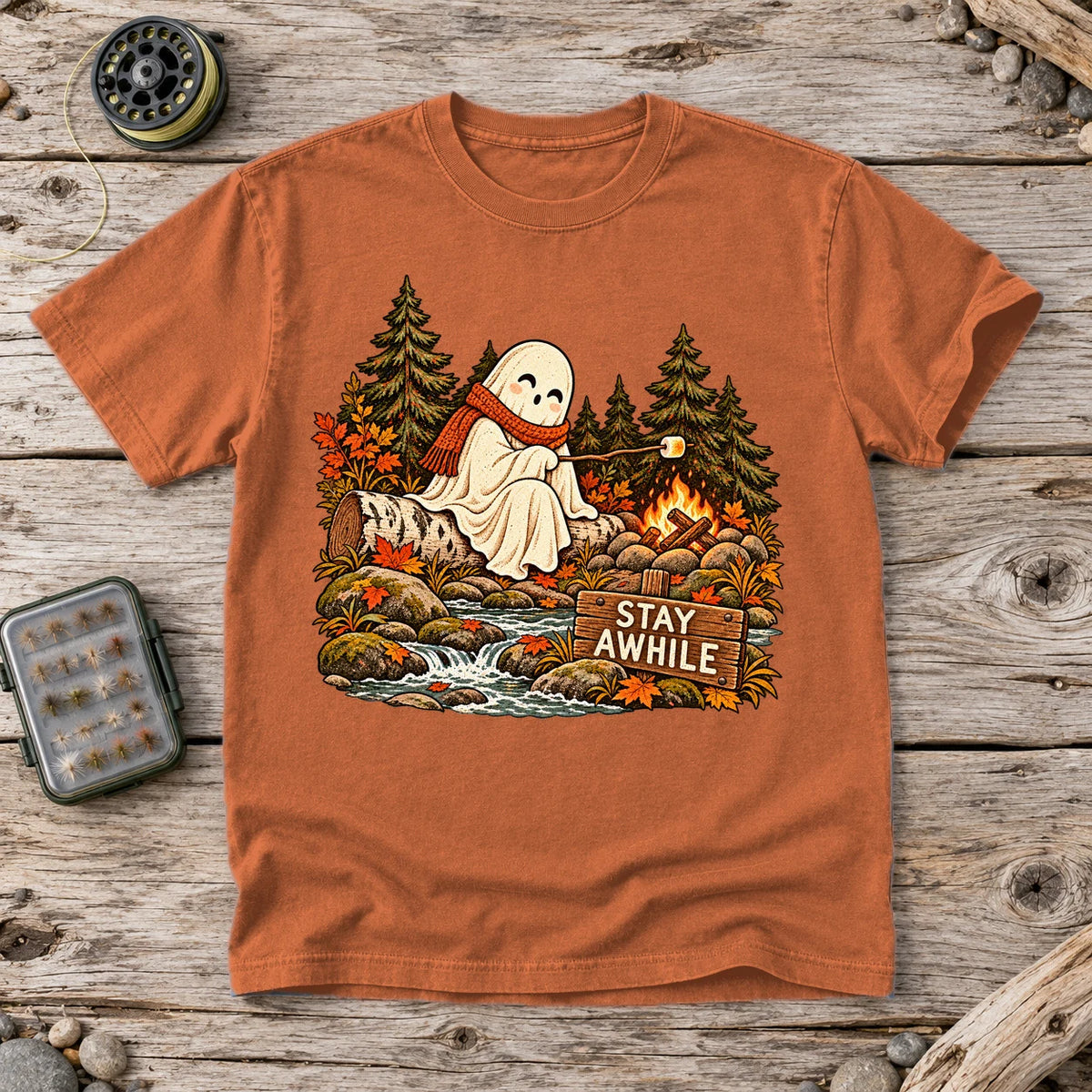 Stay Awhile Campfire Ghost Graphic Tee on Yam Premium Tee