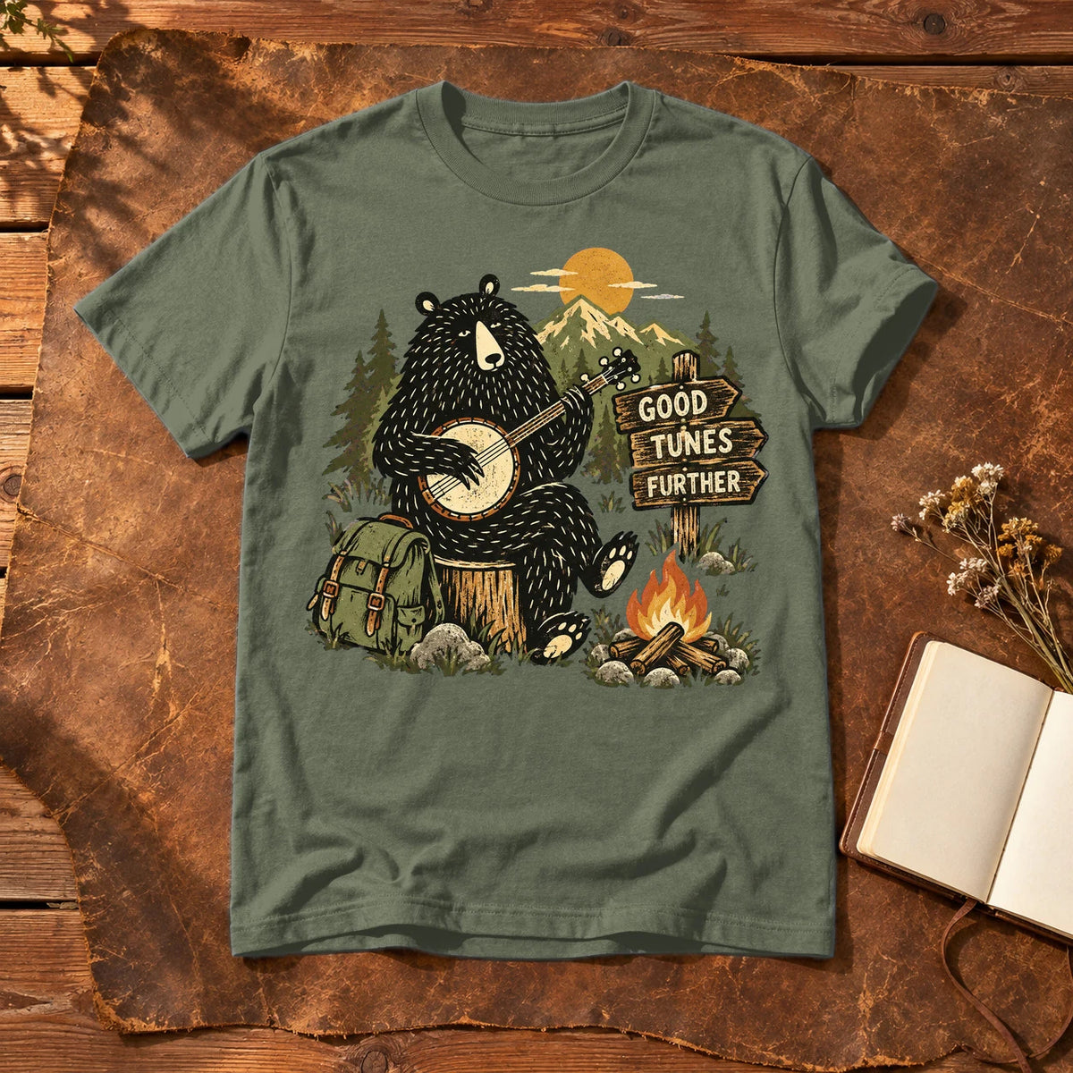 Good Tunes Further Banjo Bear Graphic Tee on Military Green Everyday Soft Tee