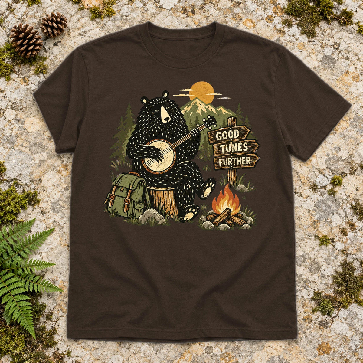 Good Tunes Further Banjo Bear Graphic Tee on Dark Chocolate Everyday Soft Tee