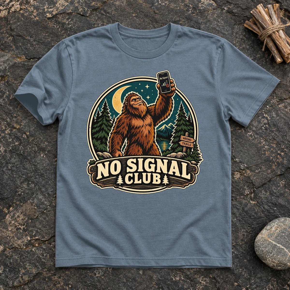No Signal Club Bigfoot Graphic Tee on Heather Indigo Everyday Soft Tee